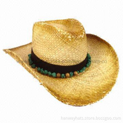 Straw cowboy sun hat, made of nature raffia straw, with beads at band